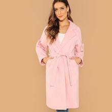 Shein Ruffle Trim Split Hem Self Belted Coat