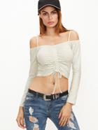 Shein Heather White Cold Shoulder Drawstring Front Crop T-shirt