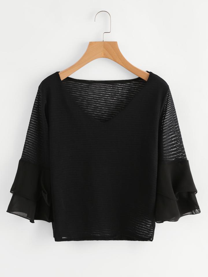 Shein Tiered Flute Sleeve Striped See Through Tee