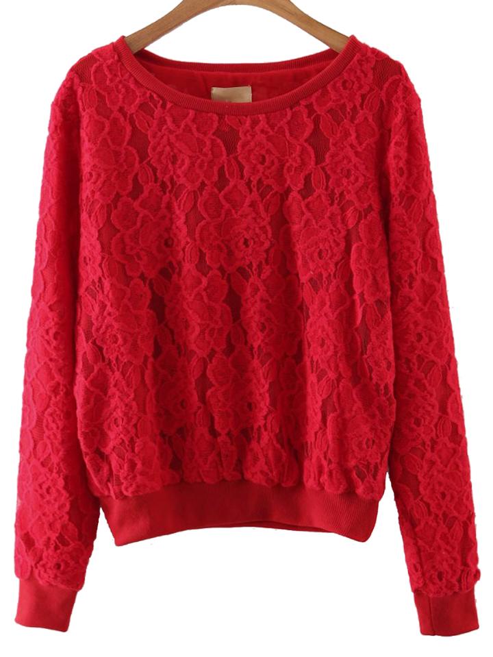 Shein Red Rib-knit Cuff Lace Sweatshirt