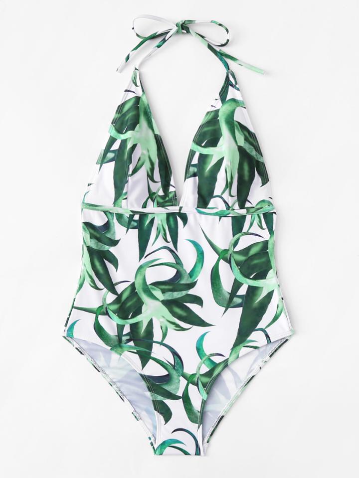 Shein Leaf Print Backless Swimsuit