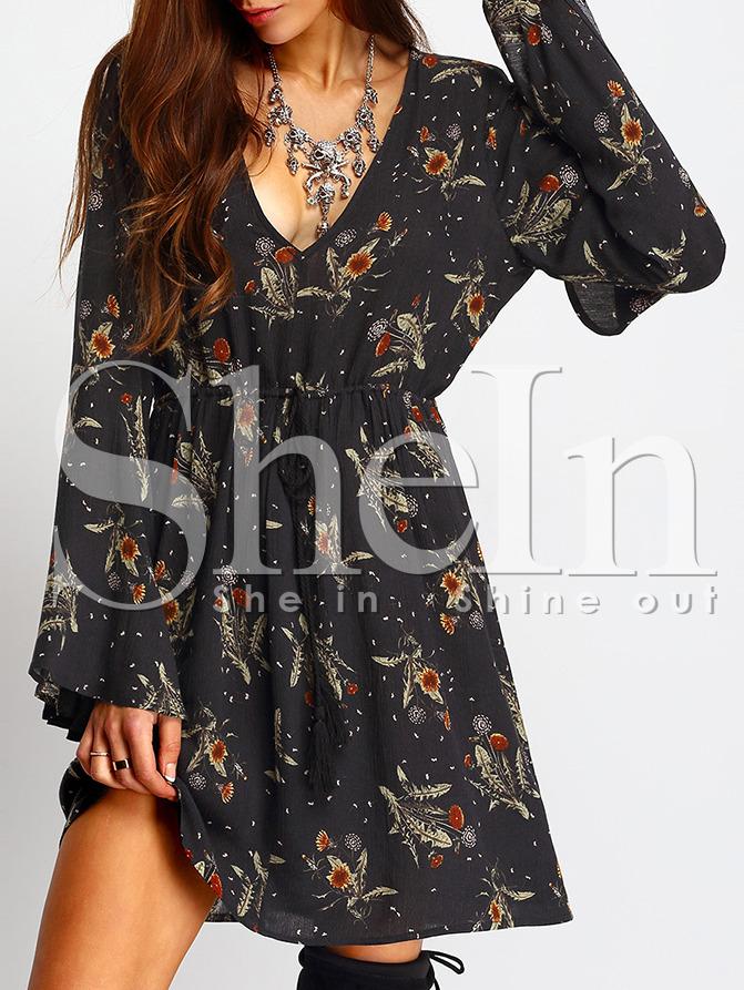 Shein Bell Sleeve Deep V Neck Tie-waist Floral Dress
