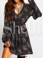 Shein Bell Sleeve Deep V Neck Tie-waist Floral Dress
