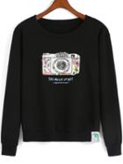 Shein Black Round Neck Camera Print Sweatshirt