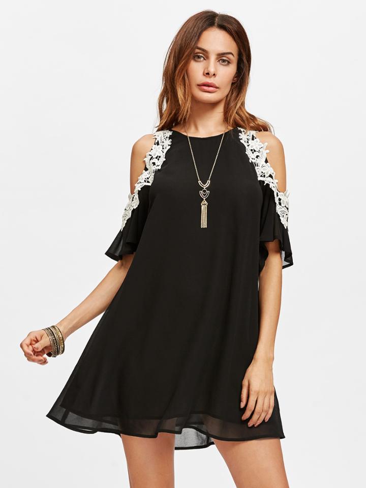 Shein Lace Applique Open Shoulder Swing Dress