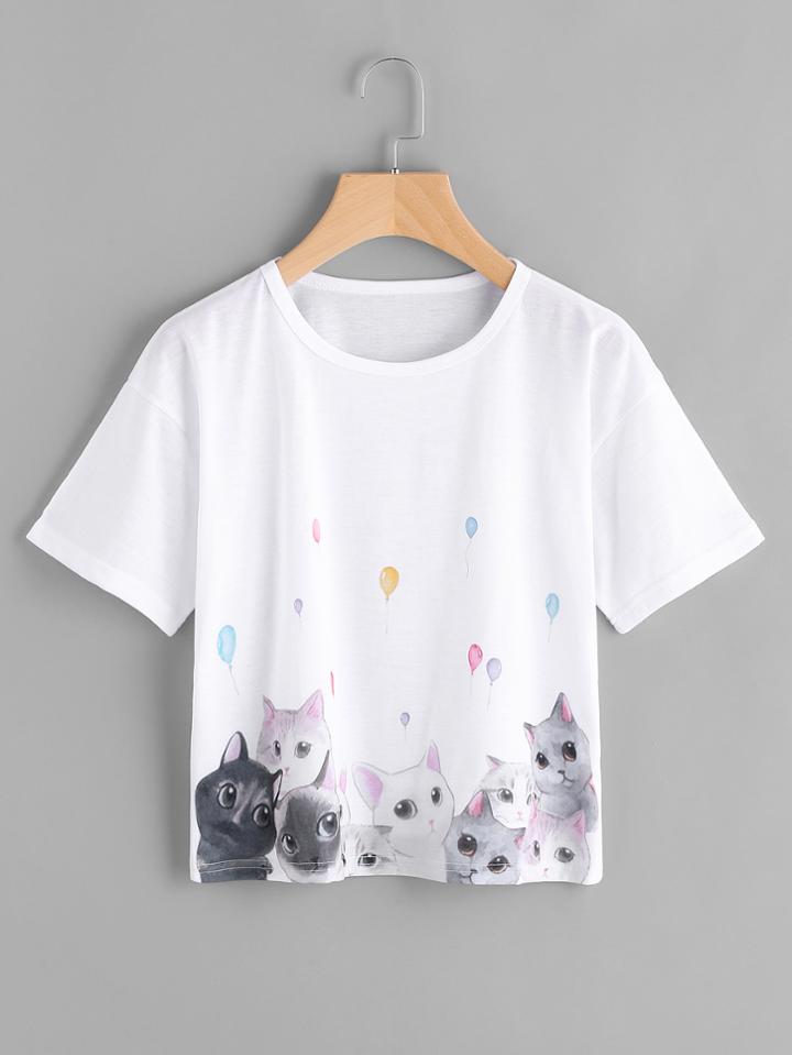 Shein Cats Print Drop Shoulder Tee