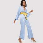 Shein Plunging Neck Zip Back Lantern Sleeve Jumpsuit