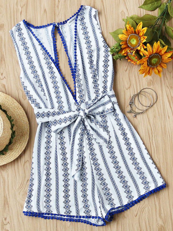 Shein Deep Plunge Neck Printed Open Back Pom Pom Romper With Belt