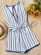 Shein Deep Plunge Neck Printed Open Back Pom Pom Romper With Belt