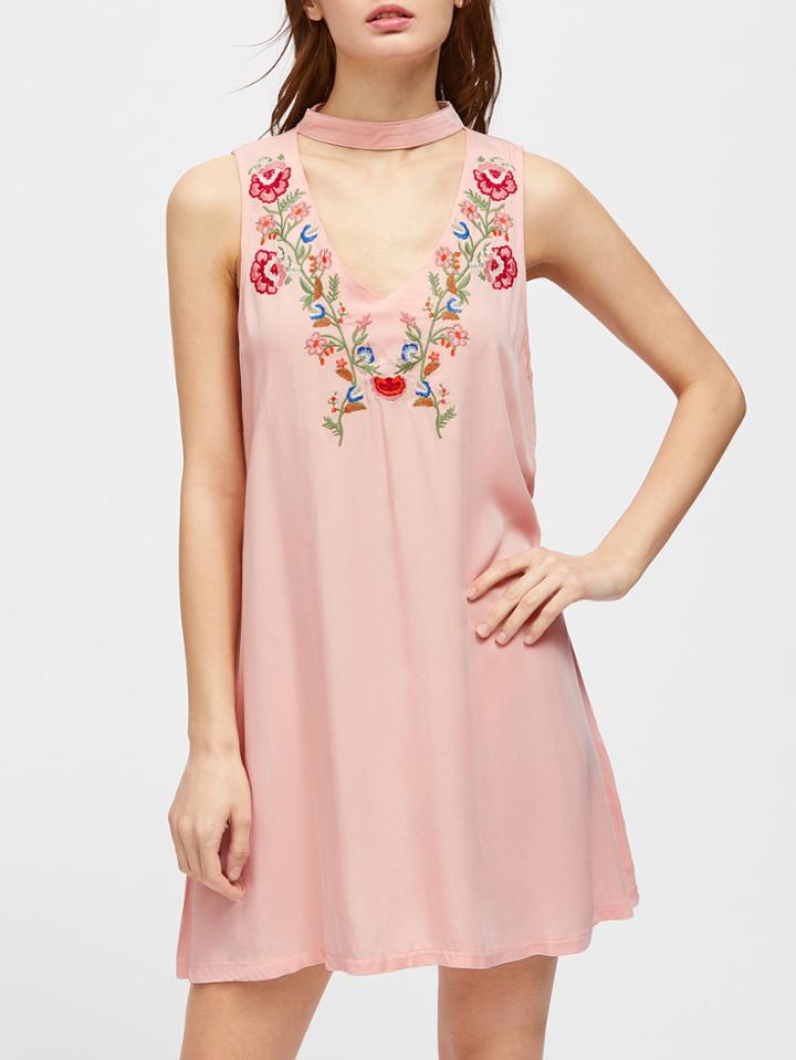 Shein V-cut Choker Neck Embroidered Swing Dress