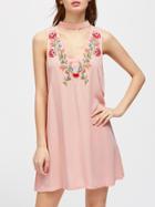 Shein V-cut Choker Neck Embroidered Swing Dress