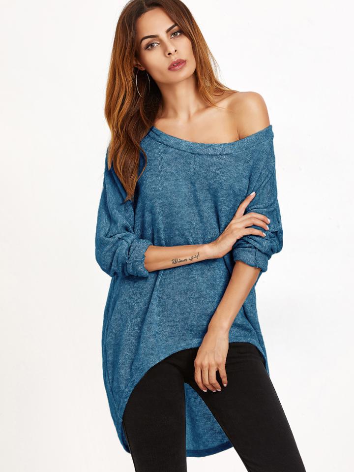Shein Blue One Shoulder Dip Hem T-shirt