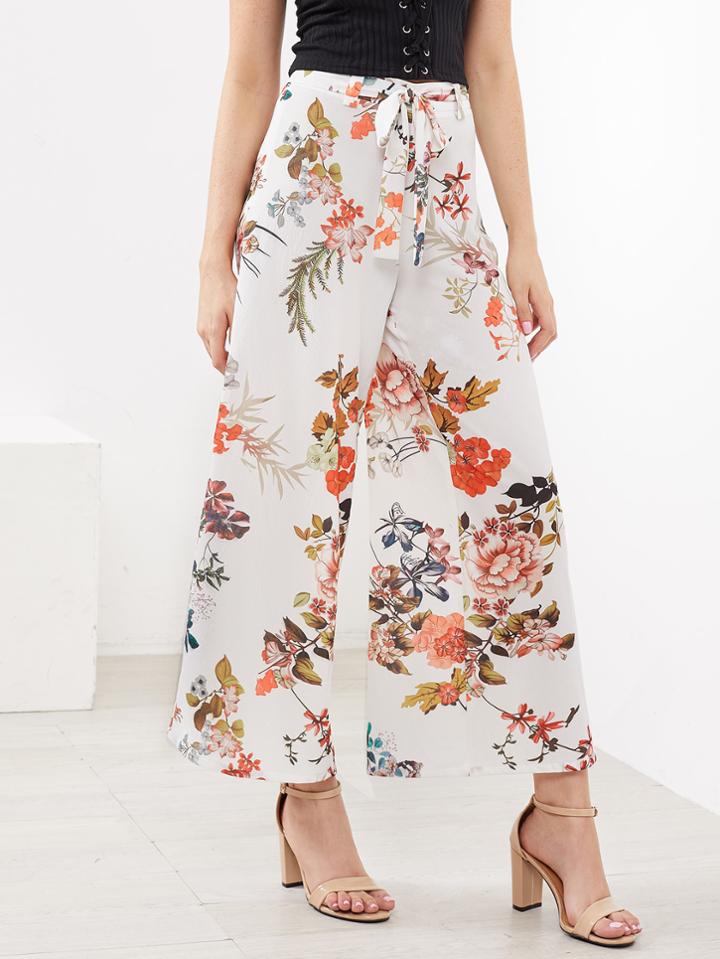 Shein Botanical Print Self Belted Culotte Pants