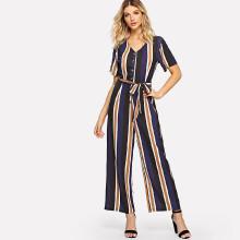Shein Single Breasted Self Tie Waist Striped Jumpsuit