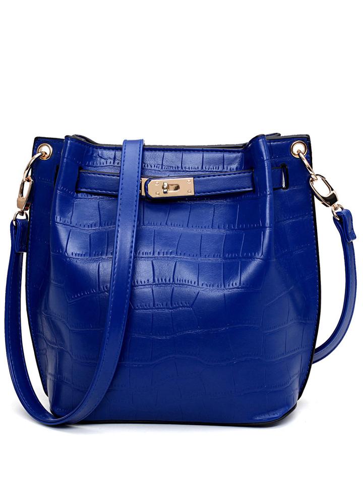 Shein Crocodile Embossed Turnlock Belted Bucket Bag - Blue