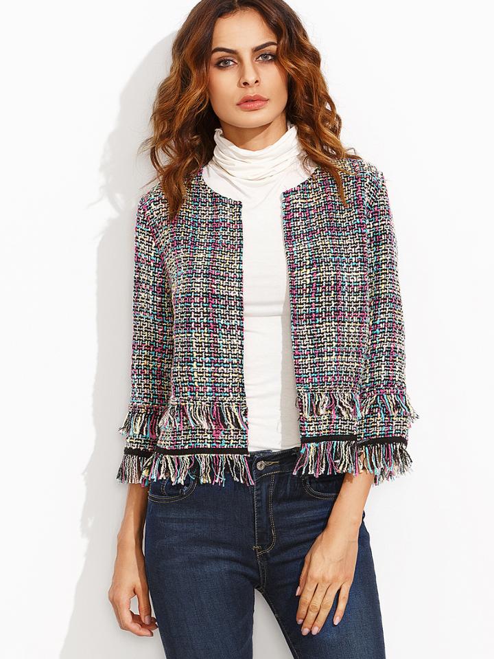 Shein Multicolor Tassel Hem Three Quarter Sleeve Blazer