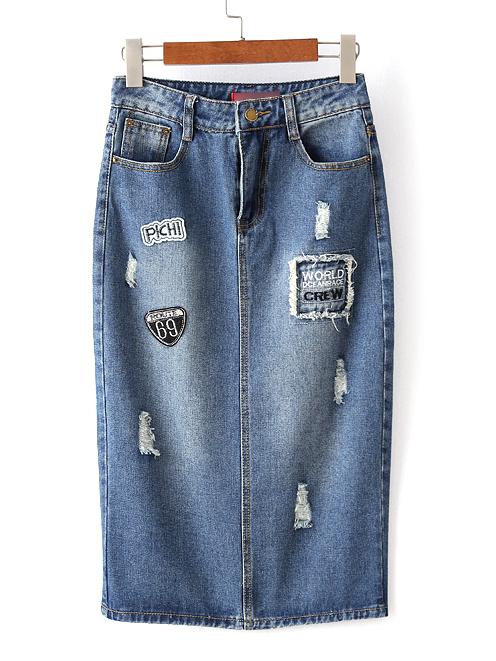 Shein Blue Pockets Zipper Applique Denim Midi Skirt