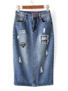 Shein Blue Pockets Zipper Applique Denim Midi Skirt
