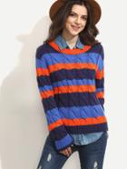Shein Multicolor Stripe Cable-knit Long Sleeve Sweater