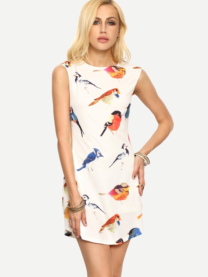 Shein White Birds Print Zip Back Sleeveless Dress