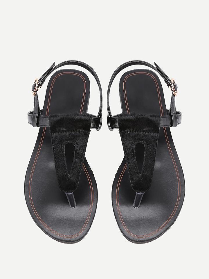 Shein Faux Fur Embellished Toe Post Strappy Sandals