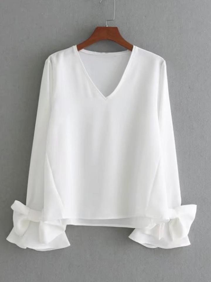 Shein Bow Embellished Fluted Sleeve Blouse