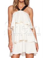 Shein Beige Sleeveless Strap Frills Battenburg Chic Layer Ruffle Dress