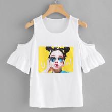 Shein Cold Shoulder Ruffle Sleeve Portrait Patch Tee