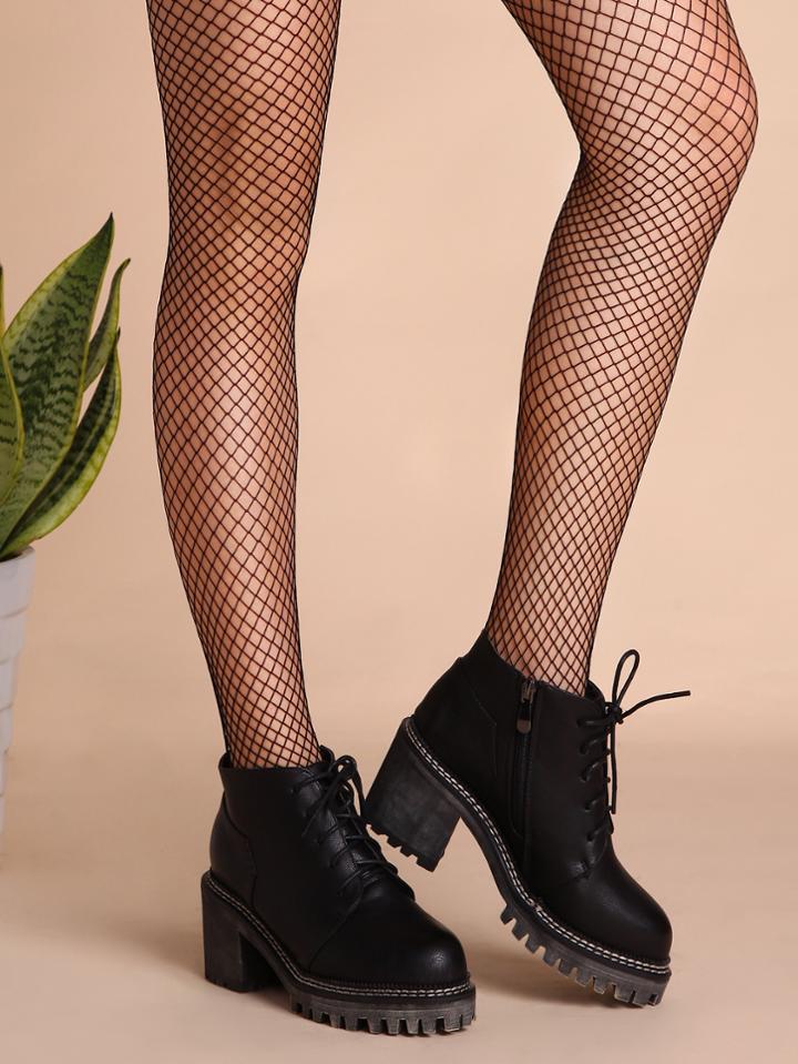 Shein Black Pu Round Toe Lace Up Chunky Ankle Boots