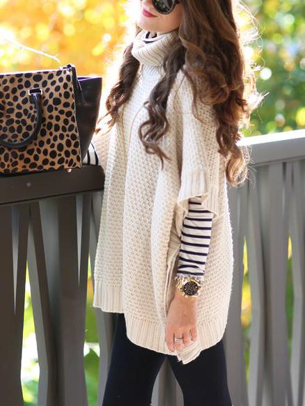 Shein Beige Turtle Neck Batwing Sleeve Loose Sweater