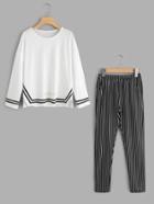 Shein Contrast Trim Top And Stripe Pants Pajama Set