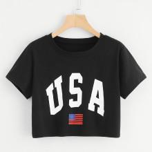 Shein Usa Flag Print Crop Tee