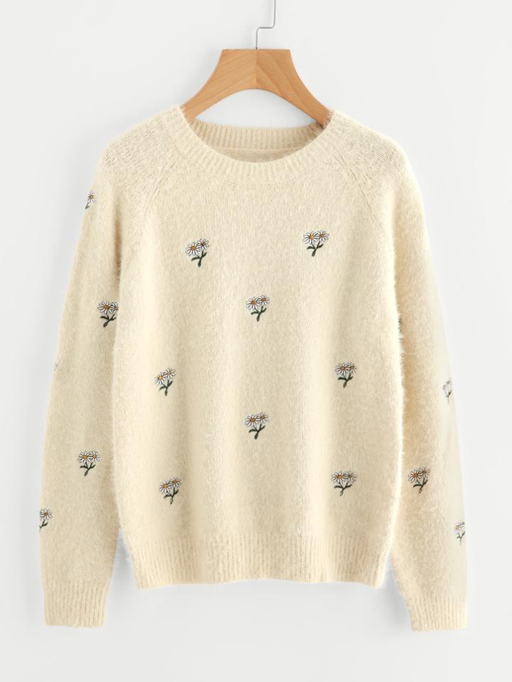 Shein Raglan Sleeve Daisy Embroidered Fluffy Jumper