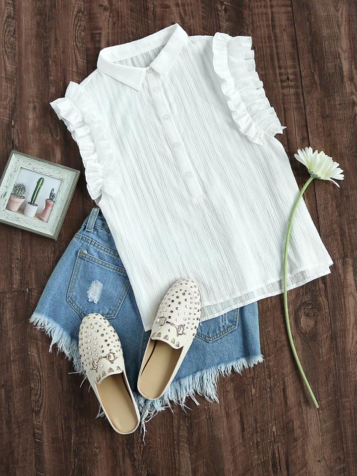 Shein Layered Ruffle Armhole Half Placket Striped Jacquard Blouse