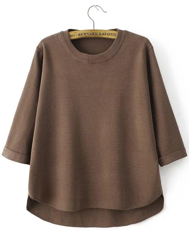 Shein Coffee Crew Neck Three Quarter Sleeve Dip Hem Sweater