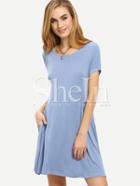 Shein Grey Blue Short Sleeve Pockets Shift Dress