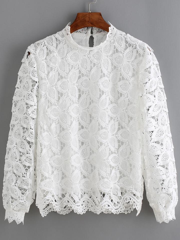 Shein White Crew Neck Lace Hollow Blouse