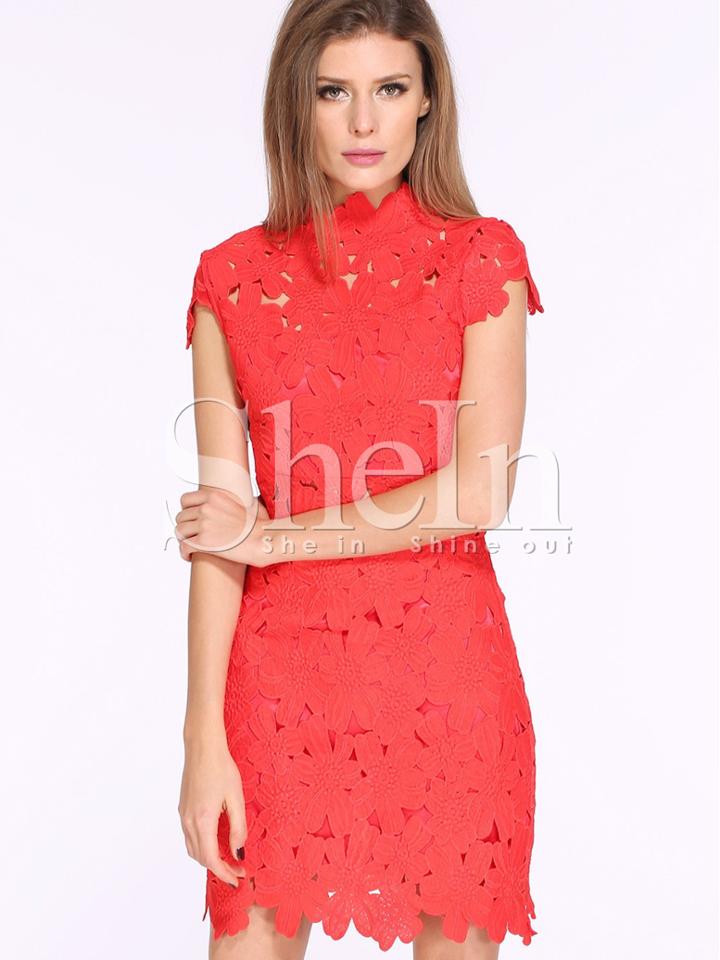 Shein Red Melon Cap Sleeve Crochet Lace Zipper Dress
