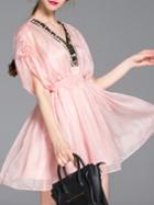 Shein Pink V Neck Beading Sheer A-line Dress
