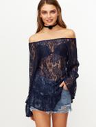 Shein Navy Sheer Ruffle Lace Blouse