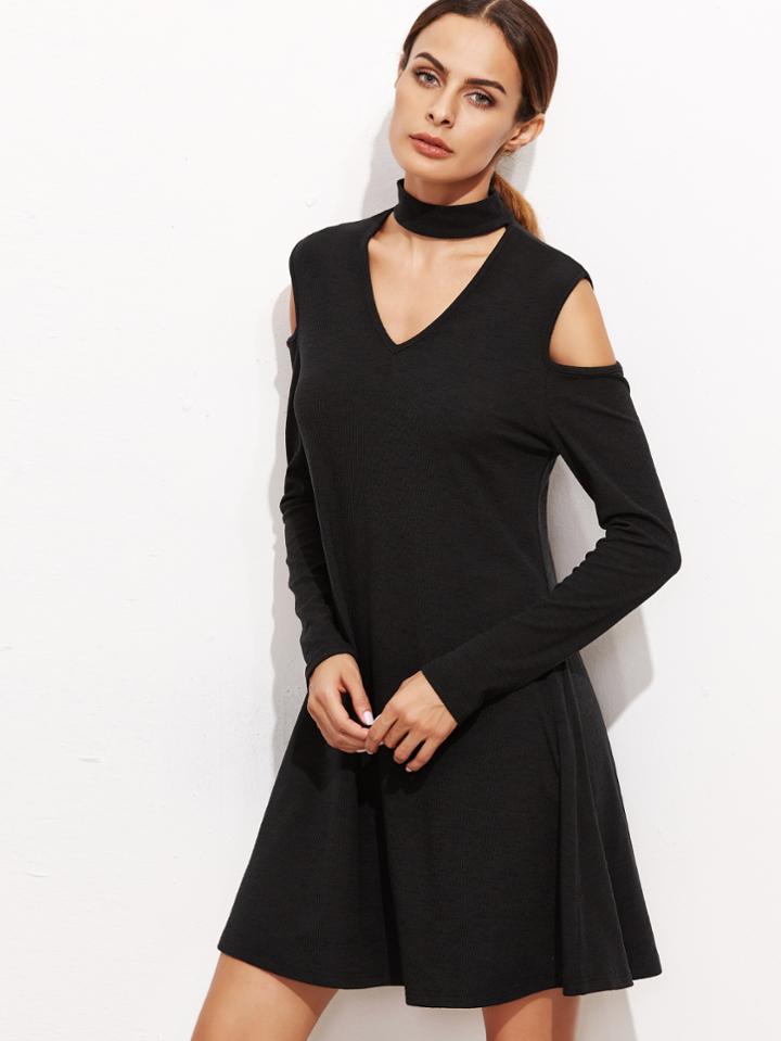 Shein Black Choker Neck Cut Out A Line Dress