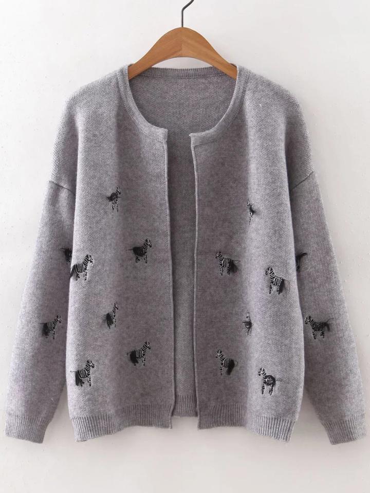 Shein Grey Horse Embroidery Drop Shoulder Cardigan