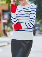 Shein White Blue Striped Contrast Red Sweater