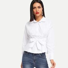 Shein Bow Tie Waist Ruffle Hem Shirt
