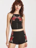 Shein Black Crochet Insert Embroidered Rose Applique Cami Top With Shorts