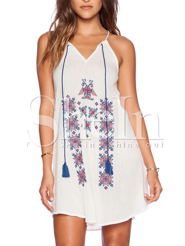 Shein White Pima Spaghetti Strap Tribal Embroidery Dress