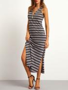 Shein Grey V Neck Sleeveless Striped Split Dress