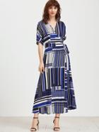 Shein Blue Mixed Striped Belted Wrap Dress