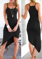 Rosewe Spaghetti Strap Asymmetric Solid Black Dress