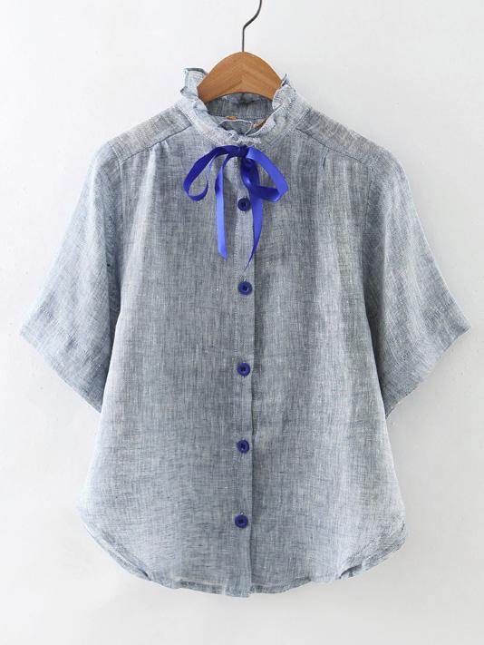 Shein Grey High Neck Bow Button Cute Blouse